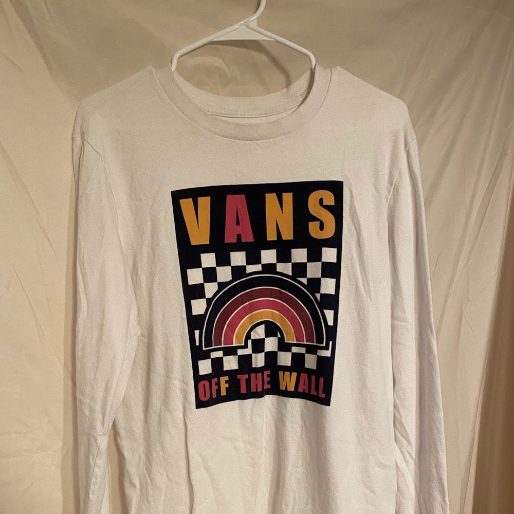 White vans with colorful logo long sleeve tee